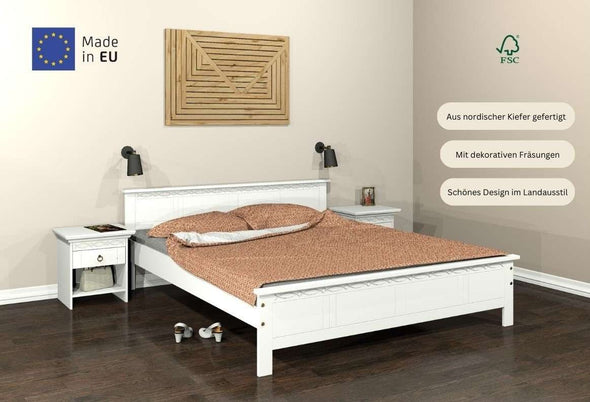 Pat alb din lemn masiv Indra, cu freze decorative, 180x200 cm - LunaHome.ro