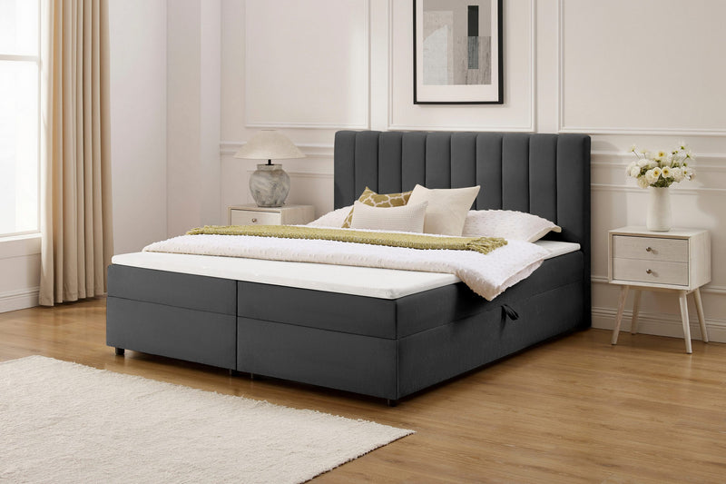 Pat complet Haileyy gri cu depozitare saltele si topper 180x200 cm