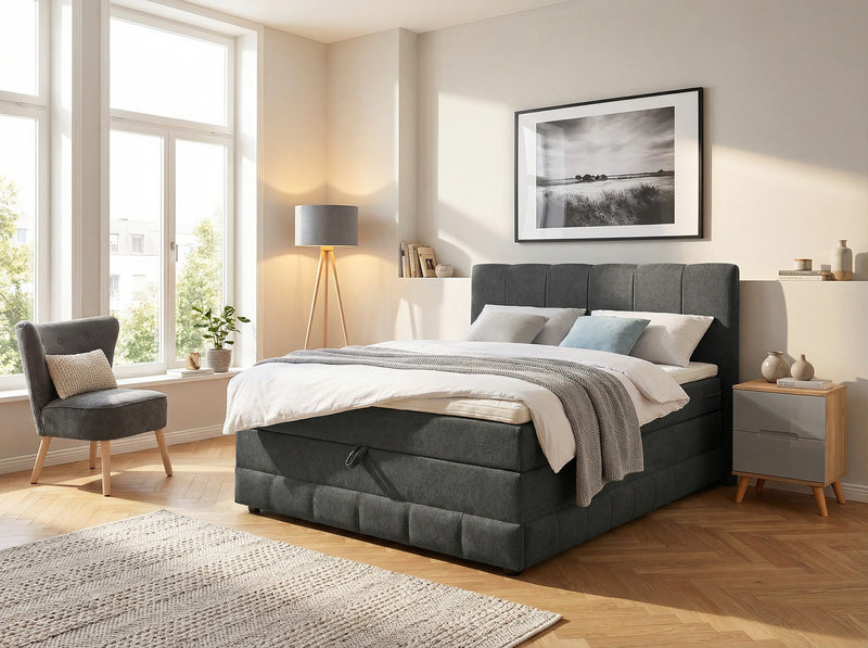 Pat complet boxspring Likely cu tapiterie gri si depozitare 140x200 cm