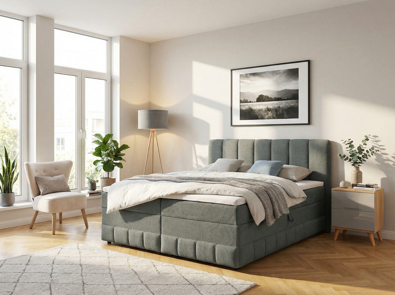 Pat complet boxspring Likely cu tapiterie gri si depozitare 180x200 cm