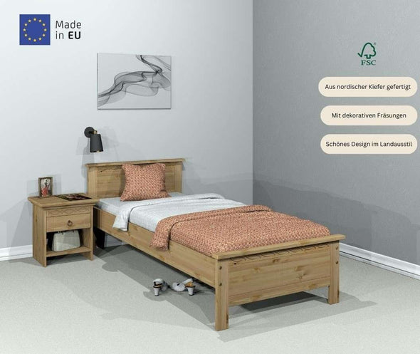 Pat din lemn masiv Indra, cu freze decorative 90x200 cm - LunaHome.ro