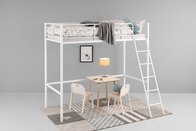 Pat înalt Hayo din metal alb cu scara inclusa 90x200 cm - LunaHome.ro