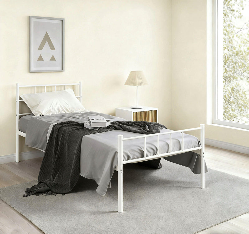 Pat metalic Amrum alb cu somiera 90x200 cm - LunaHome.ro