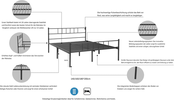 Pat metalic Amrum negru cu somiera 180x200 cm