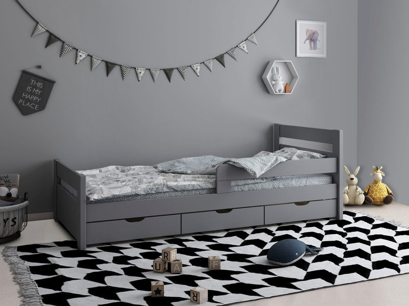 Pat pentru copii Timmo cu sertare si protecție din lemn de pin, 90x200 cm - LunaHome.ro