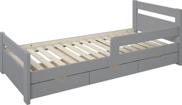 Pat pentru copii Timmo cu sertare si protecție din lemn de pin, 90x200 cm