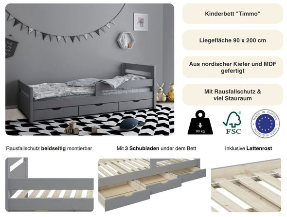 Pat pentru copii Timmo cu sertare si protecție din lemn de pin, 90x200 cm