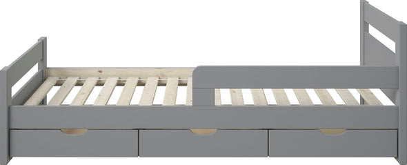 Pat pentru copii Timmo cu sertare si protecție din lemn de pin, 90x200 cm