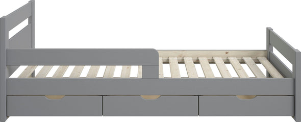 Pat pentru copii Timmo cu sertare si protecție din lemn de pin, 90x200 cm