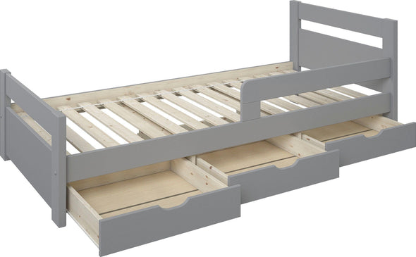 Pat pentru copii Timmo cu sertare si protecție din lemn de pin, 90x200 cm