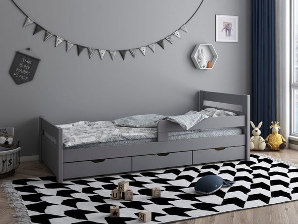 Pat pentru copii Timmo cu sertare si protecție din lemn de pin, 90x200 cm