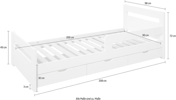 Pat pentru copii Timmo cu sertare si protecție din lemn de pin, 90x200 cm