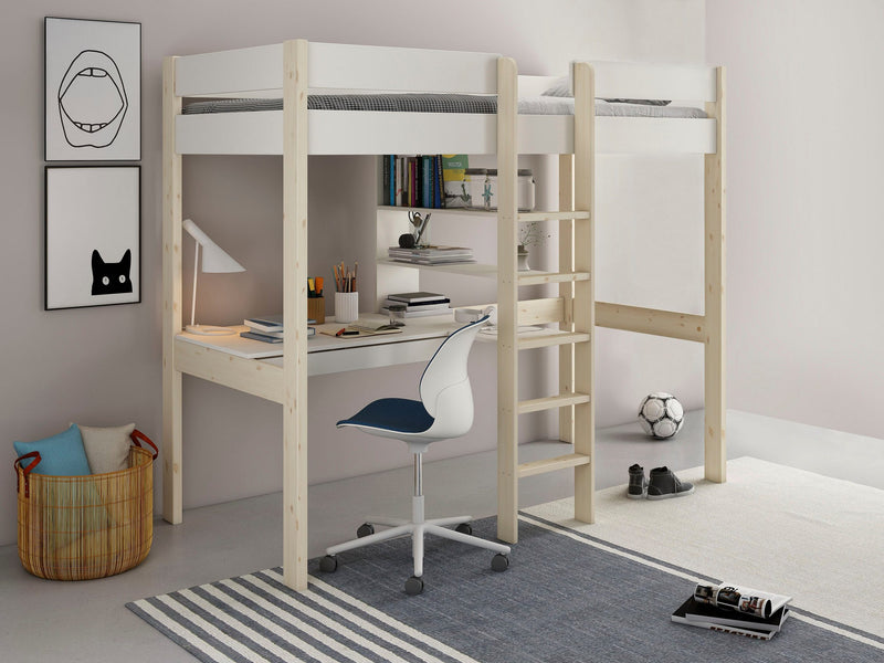 Pat supraetajat 90x200cm Robin, din lemn de pin si MDF cu birou incorporat - LunaHome.ro