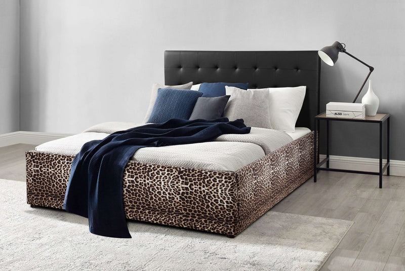 Pat tapițat Hamar Leo din velur cu model leopard si piele eco 140x200 cm - LunaHome.ro