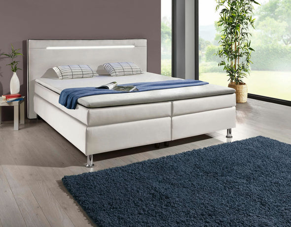 Pat tapital alb Boxspring cu saltele, topper si iluminare LED 140x200 cm - LunaHome.ro