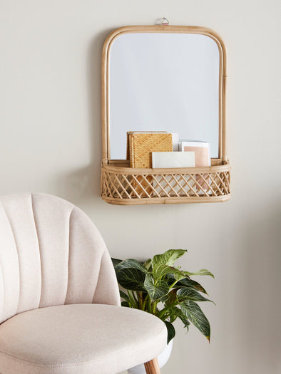 Raft decorativ de perete cu oglinda din rattan Bergson 45 cm lățime - LunaHome.ro
