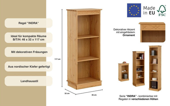 Raft de biblioteca Indra cu 2 polițe din lemn de pin natur 46 cm - LunaHome.ro