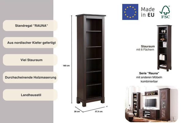 Raft de biblioteca Rauna din lemn de pin maro inchis 57,4 cm - LunaHome.ro