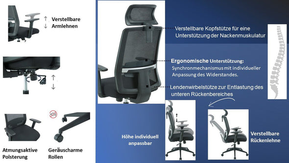Scaun de birou Tallard ergonomic cu spate respirabil negru - LunaHome.ro