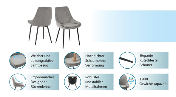 Set 2 scaune Niam-Eszt din catifea gri cu picioare metalice - LunaHome.ro