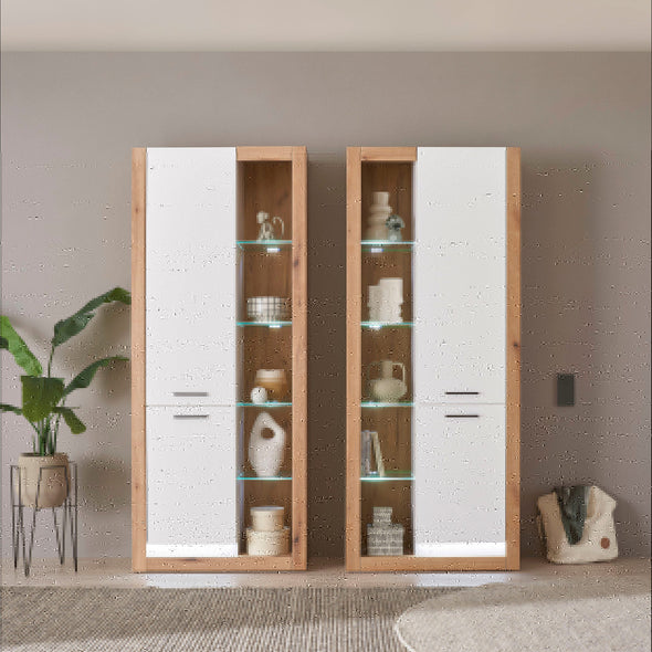 Set 2 vitrine moderne Brixen alb cu stejar, 80 cm fiecare - LunaHome.ro