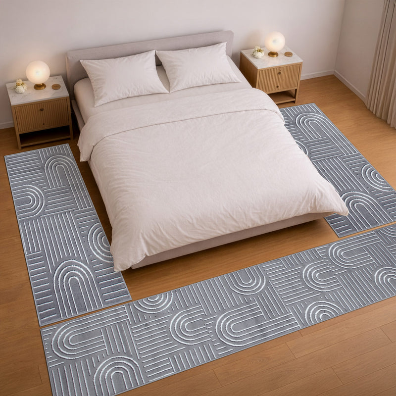 Set 3 covoare de dormitor Lysandra gri cu aspect boho 67 cm latime