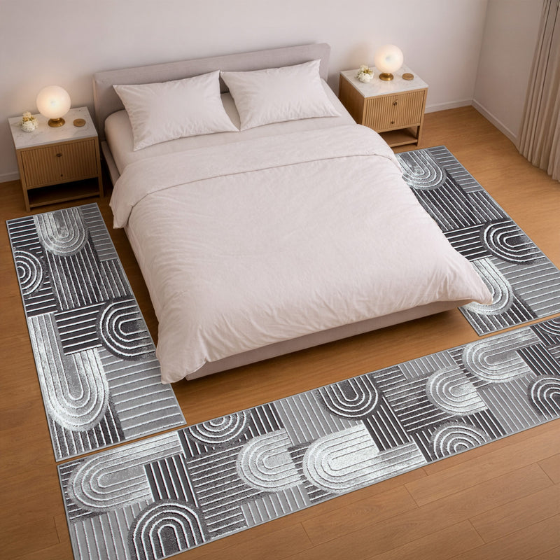Set 3 covoare de dormitor Lysandra gri cu aspect boho 67 cm latime