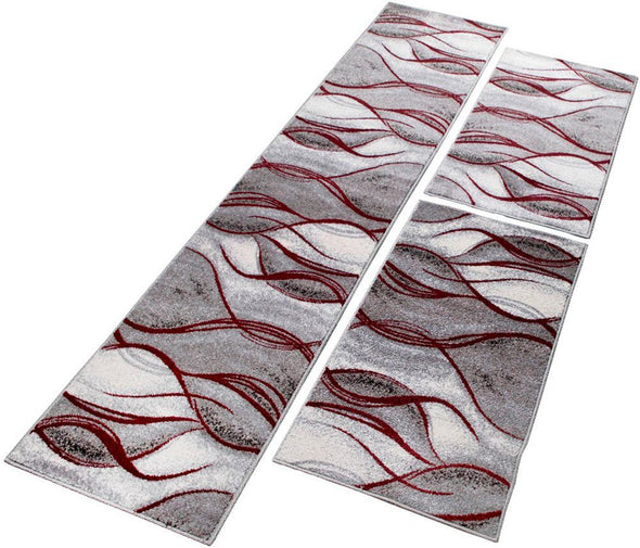 Set 3 covoare de dormitor Tritom gri-roșu 67 cm lățime - LunaHome.ro