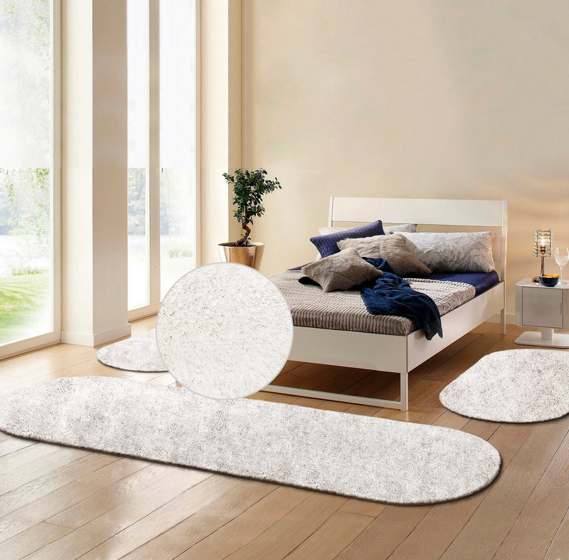 Set 3 covoare dormitor shaggy Dana albe pufoase, 70 cm latime - LunaHome.ro