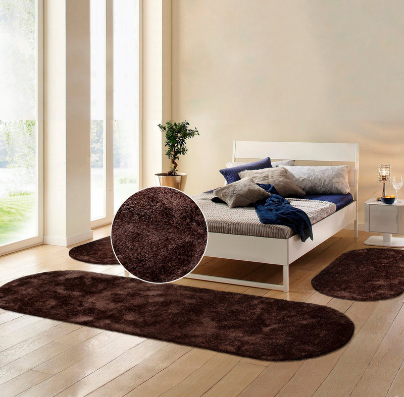 Set 3 covoare dormitor shaggy Dana maro pufoase, 70 cm latime - LunaHome.ro