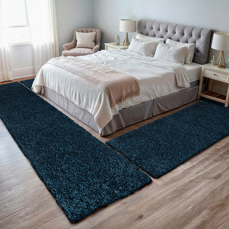 Set 3 covoare pentru dormitor MyShaggy pufoase albastru inchis - LunaHome.ro