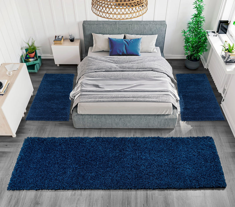 Set 3 covoare pentru dormitor Shaggy 30  foarte pufoase, albastru - LunaHome.ro