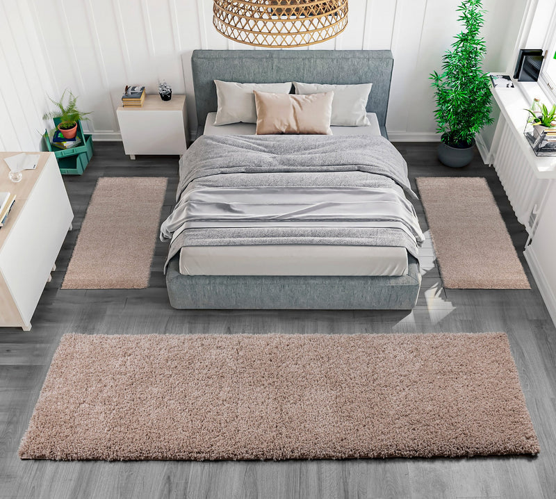 Set 3 covoare pentru dormitor Shaggy 30  foarte pufoase, bej - LunaHome.ro