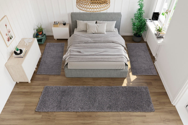 Set 3 covoare pentru dormitor Shaggy 30  foarte pufoase, gri - LunaHome.ro
