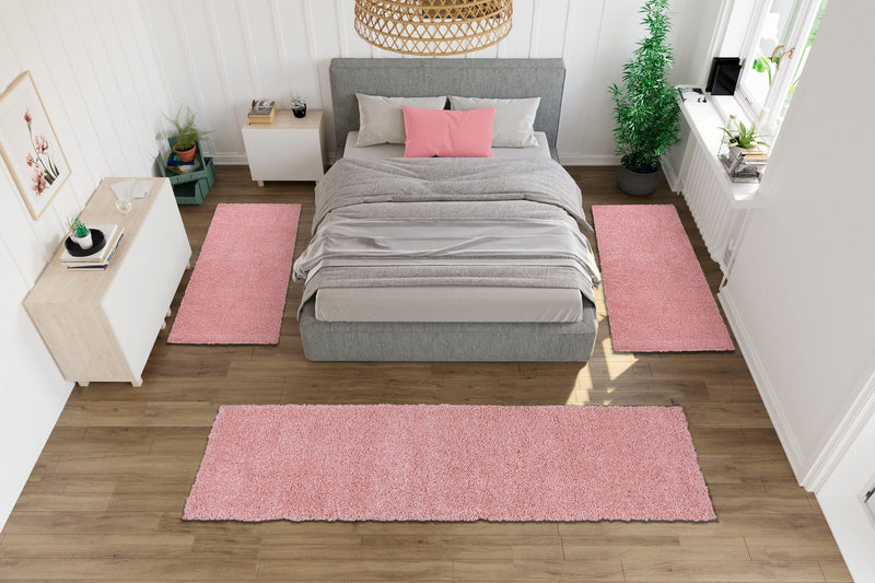 Set 3 covoare pentru dormitor Shaggy 30  foarte pufoase, roz - LunaHome.ro