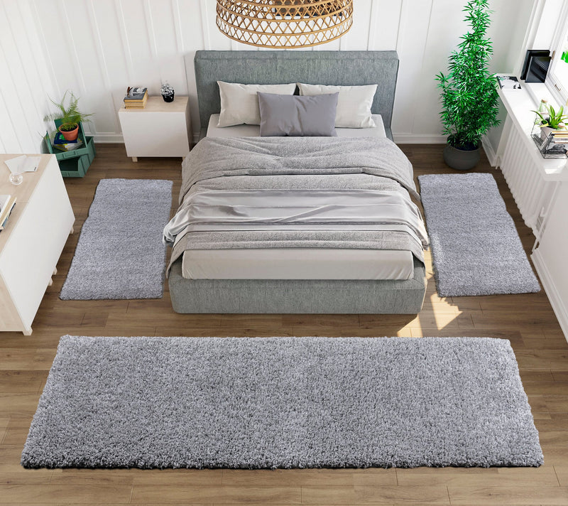 Set 3 covoare pentru dormitor Viva cu fir lung pufoase, gri - LunaHome.ro