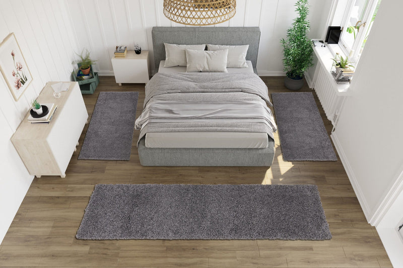 Set 3 covoare pentru dormitor Viva cu fir lung pufoase, gri piatră - LunaHome.ro