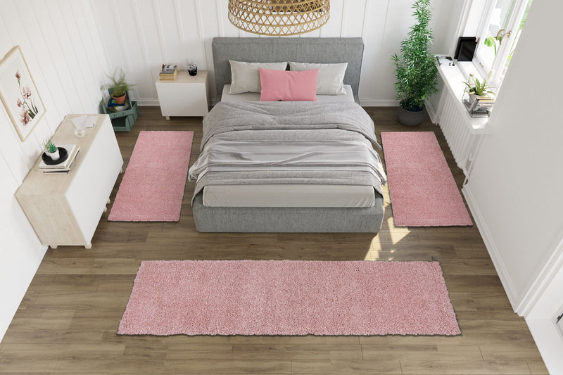 Set 3 covoare pentru dormitor Viva cu fir lung pufoase, roz - LunaHome.ro
