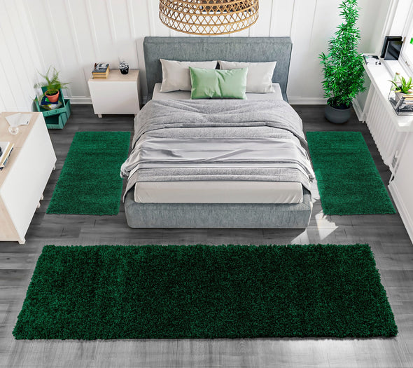 Set 3 covoare pentru dormitor Viva cu fir lung pufoase, verzi - LunaHome.ro