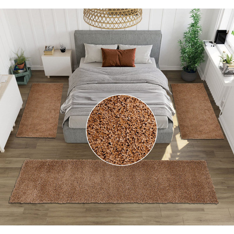 Set 3 covoare pentru dormitor Viva cu fir lung pufoase maro - LunaHome.ro