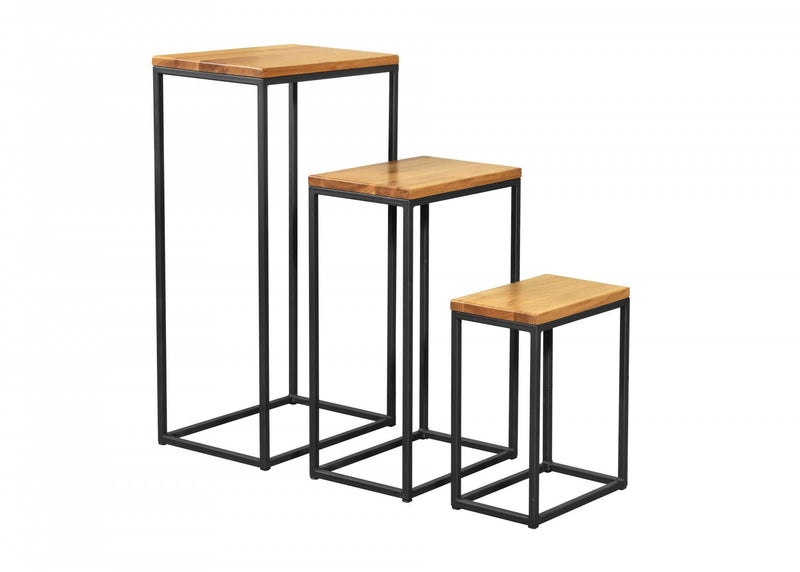Set 3 măsuțe laterale Trio cu blat din lemn de stejar și metal - LunaHome.ro