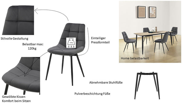 Set 4 scaune Arhus din catifea gri antracit cu picioare negre - LunaHome.ro