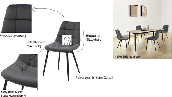 Set 4 scaune Arhus din catifea gri antracit cu picioare negre - LunaHome.ro