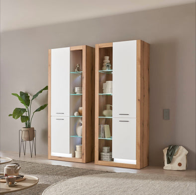 Set 2 vitrine moderne Brixen alb cu stejar, 80 cm fiecare - LunaHome.ro