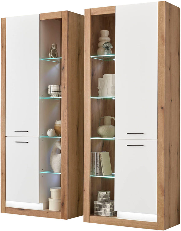 Set 2 vitrine moderne Brixen alb cu stejar, 80 cm fiecare - LunaHome.ro