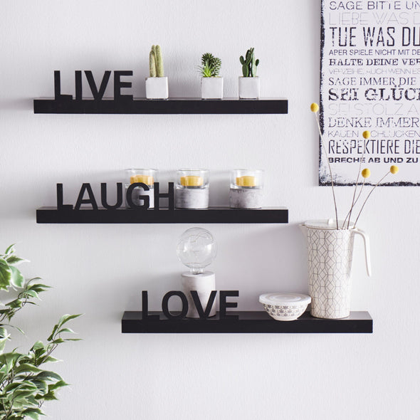 Set 3 rafturi de perete Live - Love - Laugh negru, 60 cm - LunaHome.ro