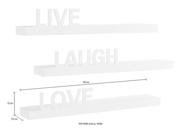 Set 3 rafturi de perete Live - Love - Laugh negru, 60 cm - LunaHome.ro