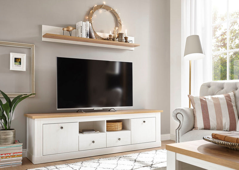 Set de living Westminster cu comoda TV si raft alb rustic - LunaHome.ro