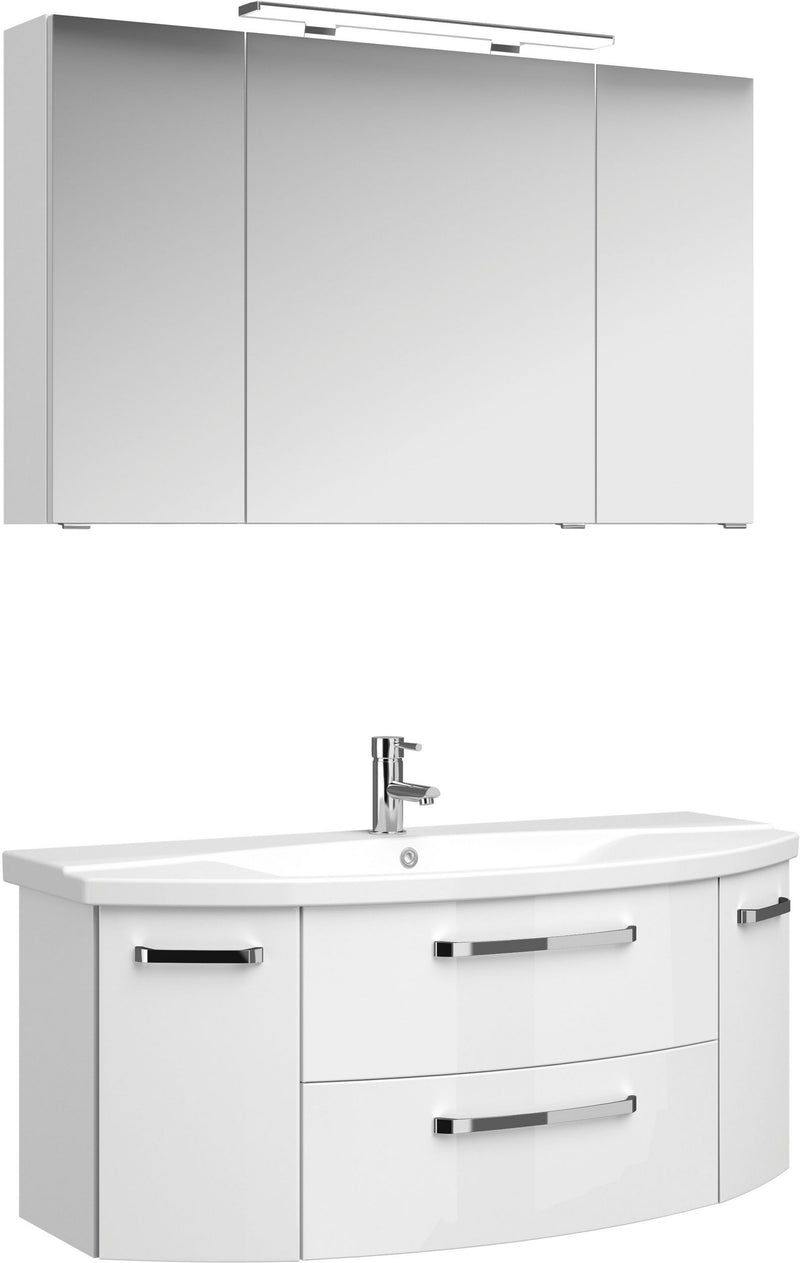 Set baie Pelipal alb lucios cu masca, lavoar si dulap cu oglinda 120x5 cm lățime - LunaHome.ro