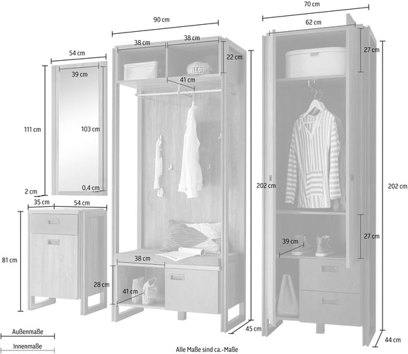 Set complet de hol Detroit cu dulap, cuier, banca si oglinda - LunaHome.ro
